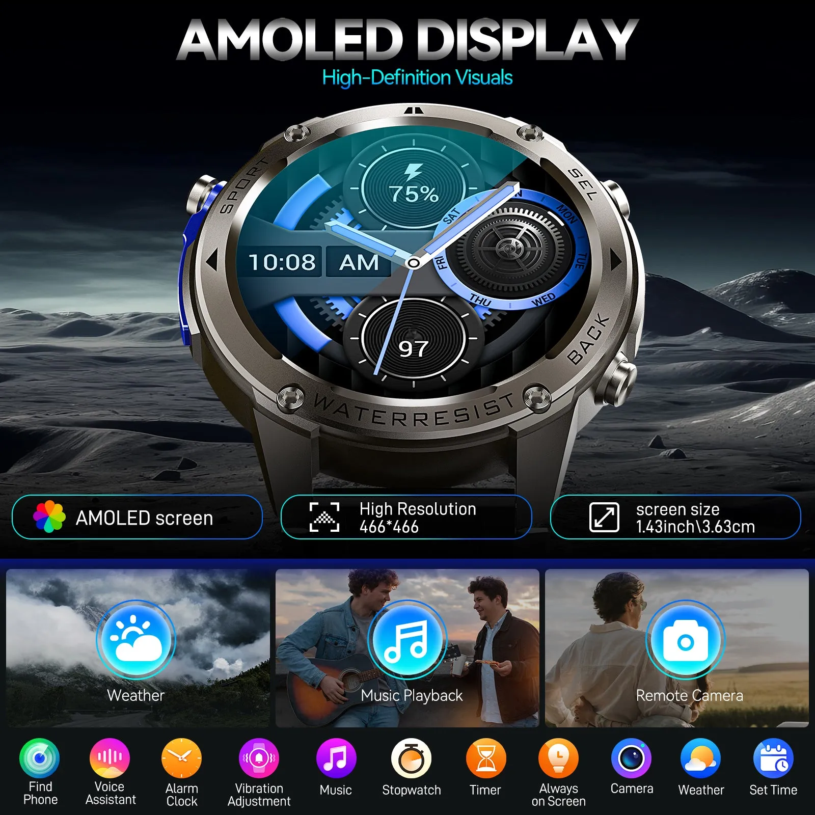 EIGIIS Best New GPS-Support Sport Smartwatch For Men, 170  Outdoor Modes, 500 mAh Big Battery, 1.43 Inch AMOLED Screen, 6 Theme Styles, Massive Dials Free Change, Cool Wristwatch, Metal Shell, Smartwatch For Android iPhone Phones