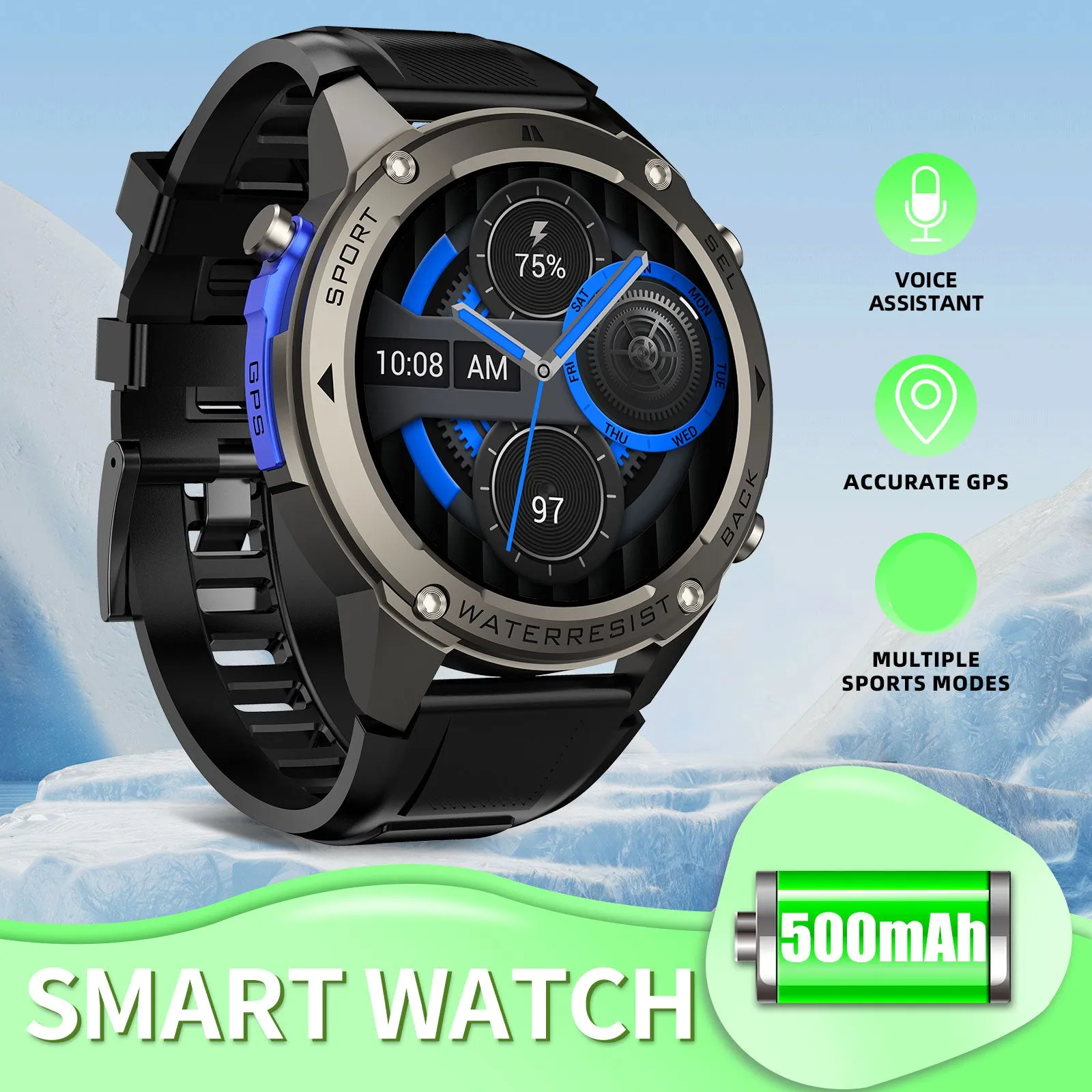 EIGIIS Best New GPS-Support Sport Smartwatch For Men, 170  Outdoor Modes, 500 mAh Big Battery, 1.43 Inch AMOLED Screen, 6 Theme Styles, Massive Dials Free Change, Cool Wristwatch, Metal Shell, Smartwatch For Android iPhone Phones
