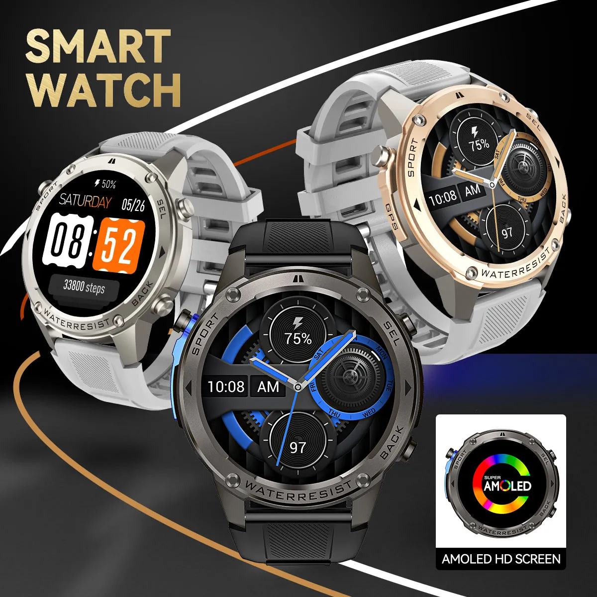 EIGIIS  Waterproof Smart Watch For Men With GPS Heart Rate, 1.43'' AMOLED Screen 170  Sport Mode 500 mAh Big Battery, Outdoor Perfect Partner, Wireless Phone (Answer/Dial), Smart Watch For iPhone Android Phones, Cool Fashion Watch