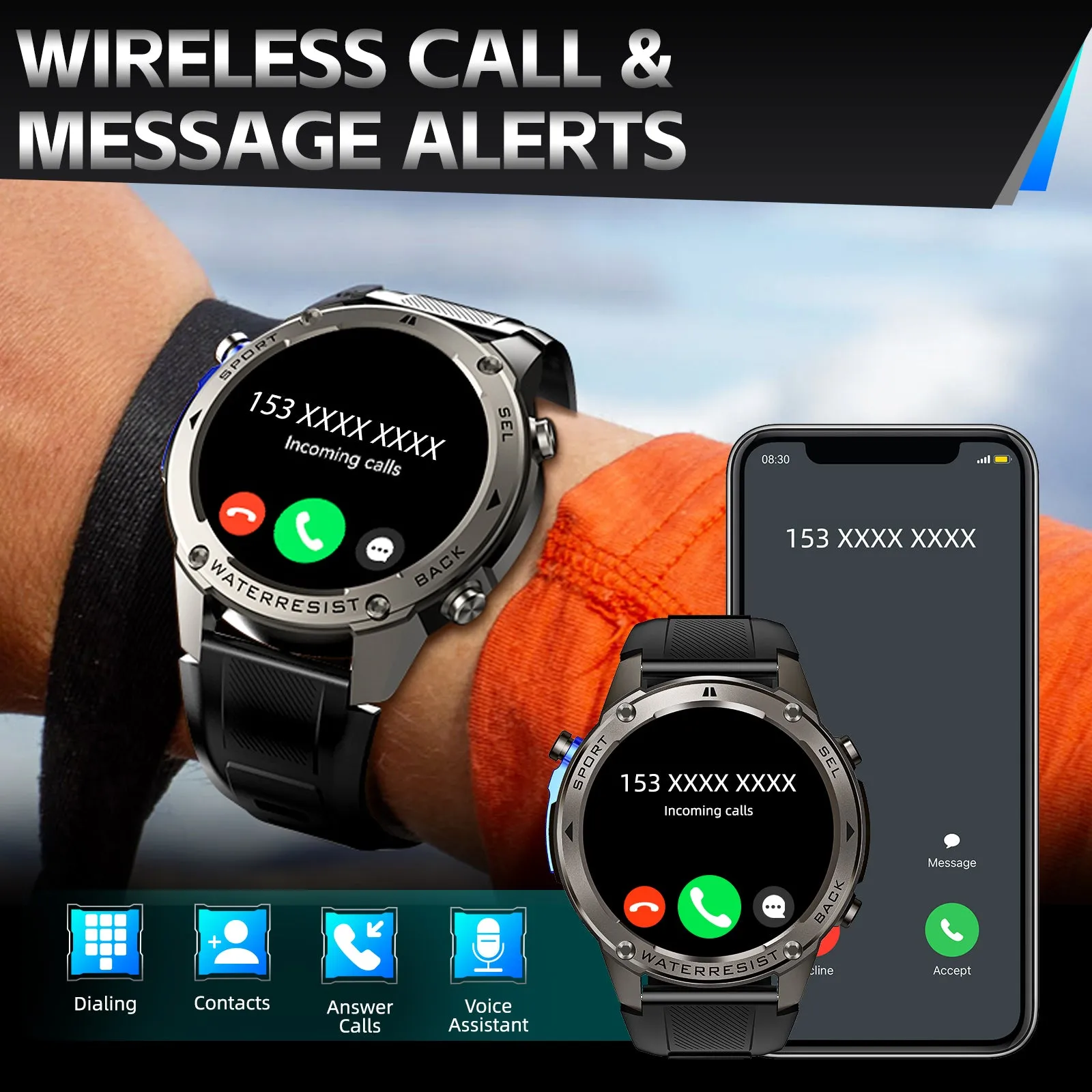 EIGIIS  Waterproof Smart Watch For Men With GPS Heart Rate, 1.43'' AMOLED Screen 170  Sport Mode 500 mAh Big Battery, Outdoor Perfect Partner, Wireless Phone (Answer/Dial), Smart Watch For iPhone Android Phones, Cool Fashion Watch
