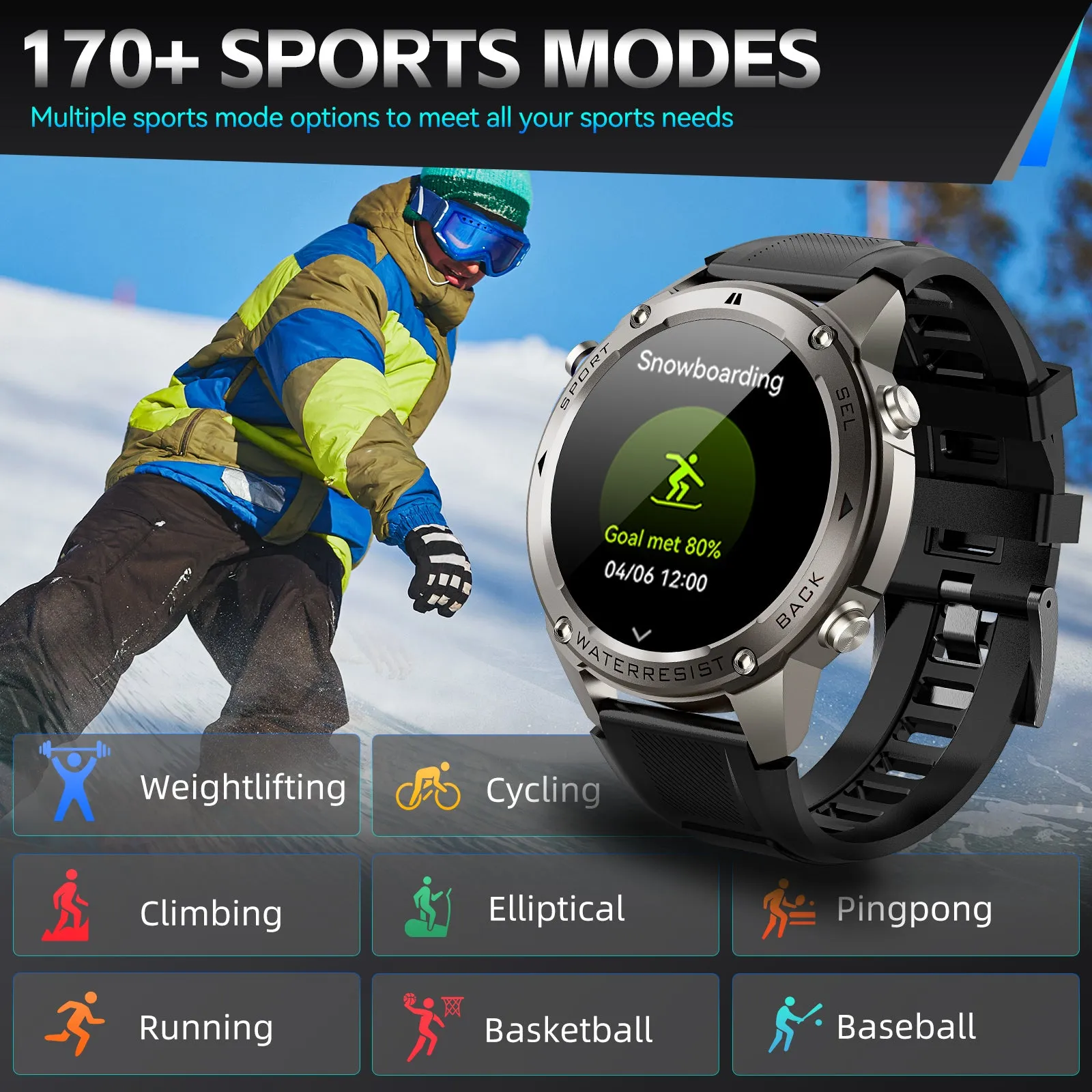 EIGIIS  Waterproof Smart Watch For Men With GPS Heart Rate, 1.43'' AMOLED Screen 170  Sport Mode 500 mAh Big Battery, Outdoor Perfect Partner, Wireless Phone (Answer/Dial), Smart Watch For iPhone Android Phones, Cool Fashion Watch