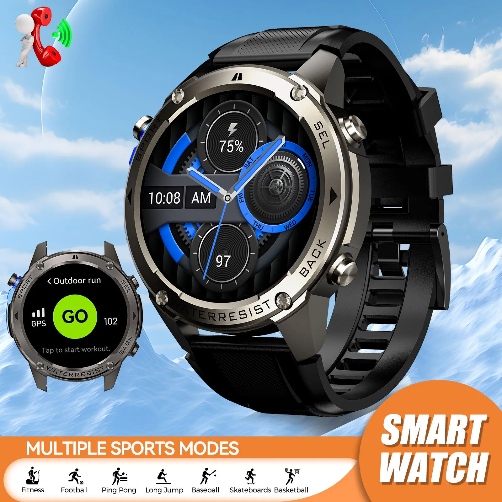 EIGIIS  Waterproof Smart Watch For Men With GPS Heart Rate, 1.43'' AMOLED Screen 170  Sport Mode 500 mAh Big Battery, Outdoor Perfect Partner, Wireless Phone (Answer/Dial), Smart Watch For iPhone Android Phones, Cool Fashion Watch